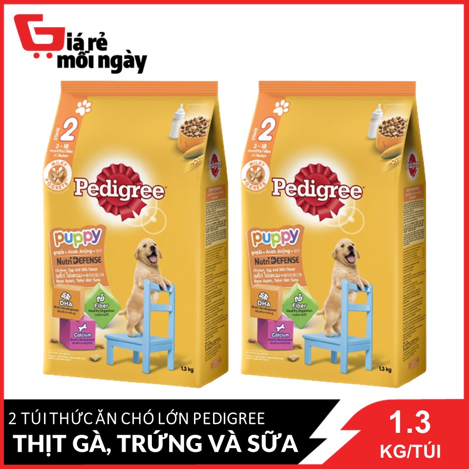 Combo 2 Gói Thức Ăn Cho Chó Con Từ 2 - 18 Tháng Hỗn Hợp Hoàn Chỉnh Pedigree Vị Thịt Gà, Trứng Và Sữa 1.3kg/gói x2