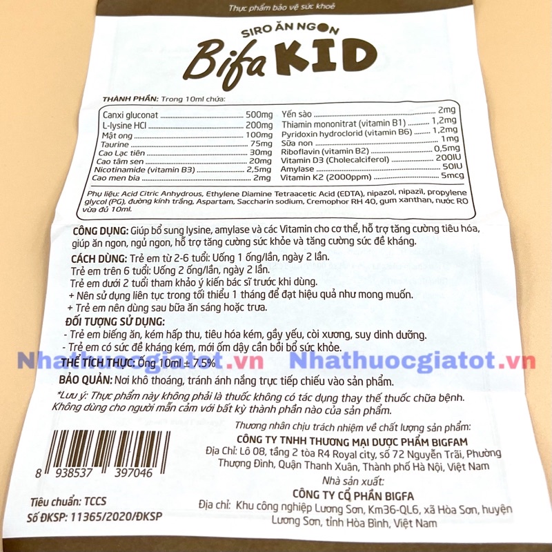 Siro Ăn Ngon BIFAKID Giúp Bé Ăn Ngon, Ngủ Ngon, Tăng Cường Sức Đề Kháng Hộp 20 Ống x 10ml