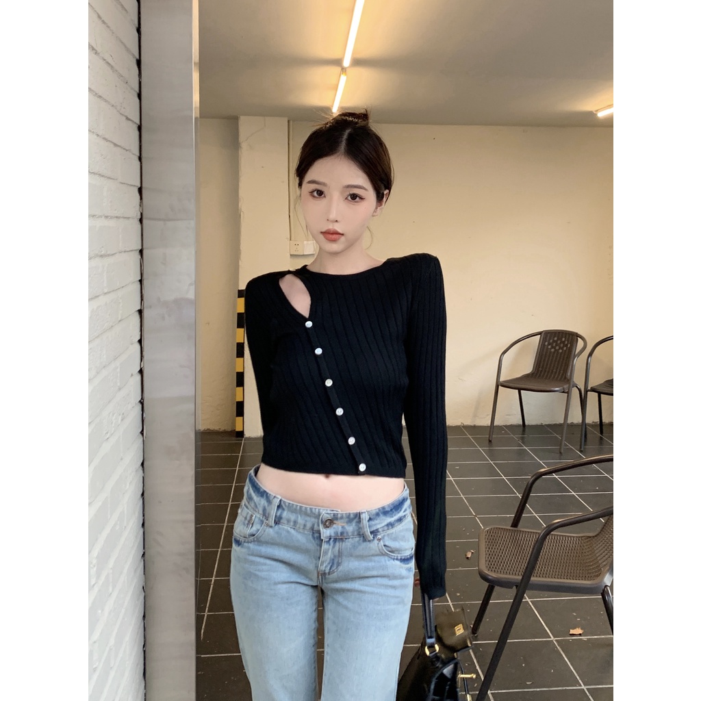 Áo cardigan Dệt Kim Mỏng Màu Trơn Cổ Tròn / Váy Đen Lưng Cao Thời Trang Hàn Quốc