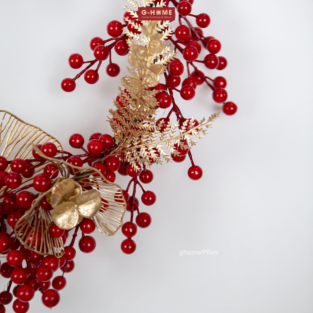 Vòng hoa may mắn trang trí tết, đào đông quả lựu đỏ hút tài lôc an khang đón xuân rực rỡ- Trang trí sẵn