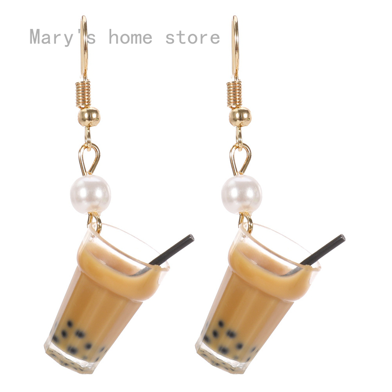 Bông Tai Dáng Dài Hình Ly Trà Sữa Đính Ngọc Trai Giả Bằng Nhựa Resin Vui Nhộn Cho Nữ