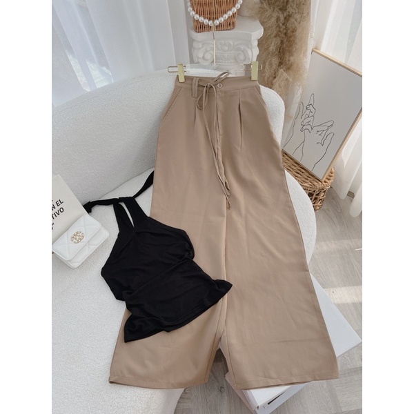 Set nữ set áo yếm đen+ quần suông nâu lên dáng xịn chất đẹp kèm sàn