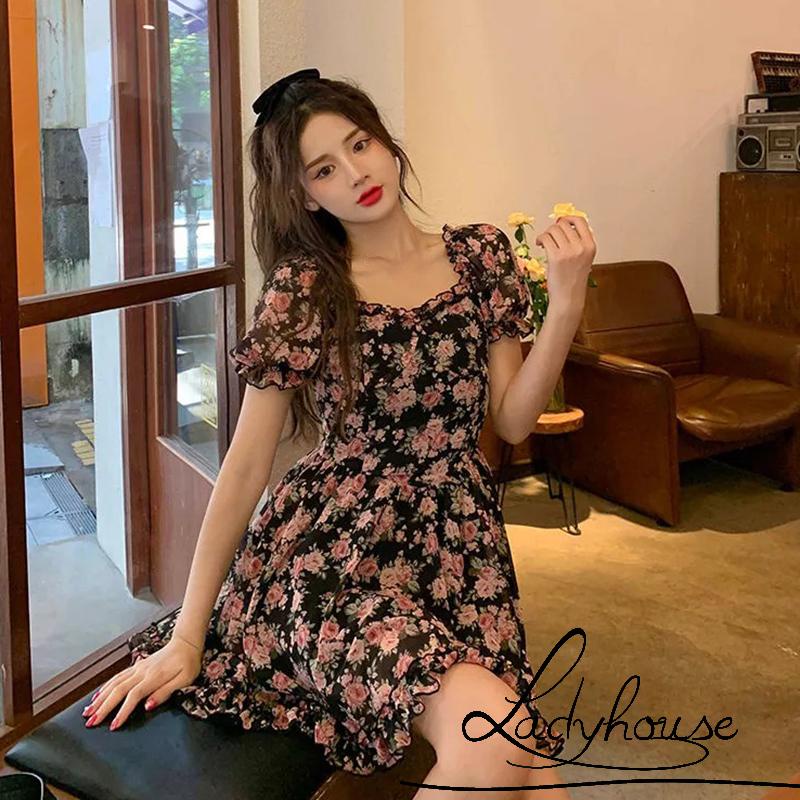 Đầm chữ A mini cổ vuông tay ngắn phồng eo cao thời trang mùa hè cho nữ