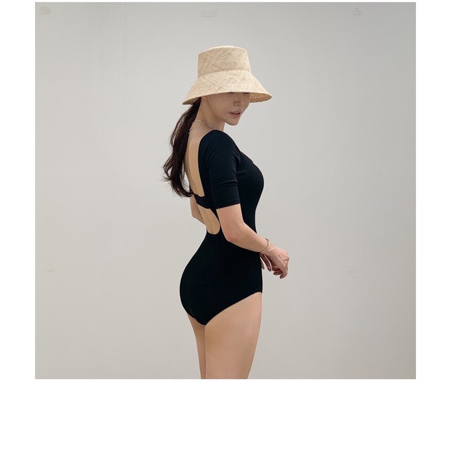 (Đủ size) Bikini áo tắm liền thân hàng QC cao cấp tay lỡ cổ vuông 2 màu xanh, đen phối cut lưng đẹp