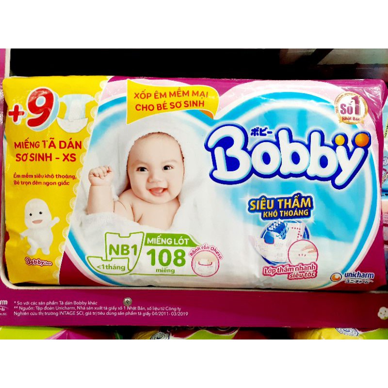 Miếng lót Bobby Newborn 1 108 miếng ( tặng 9 miếng xs sơ sinh)