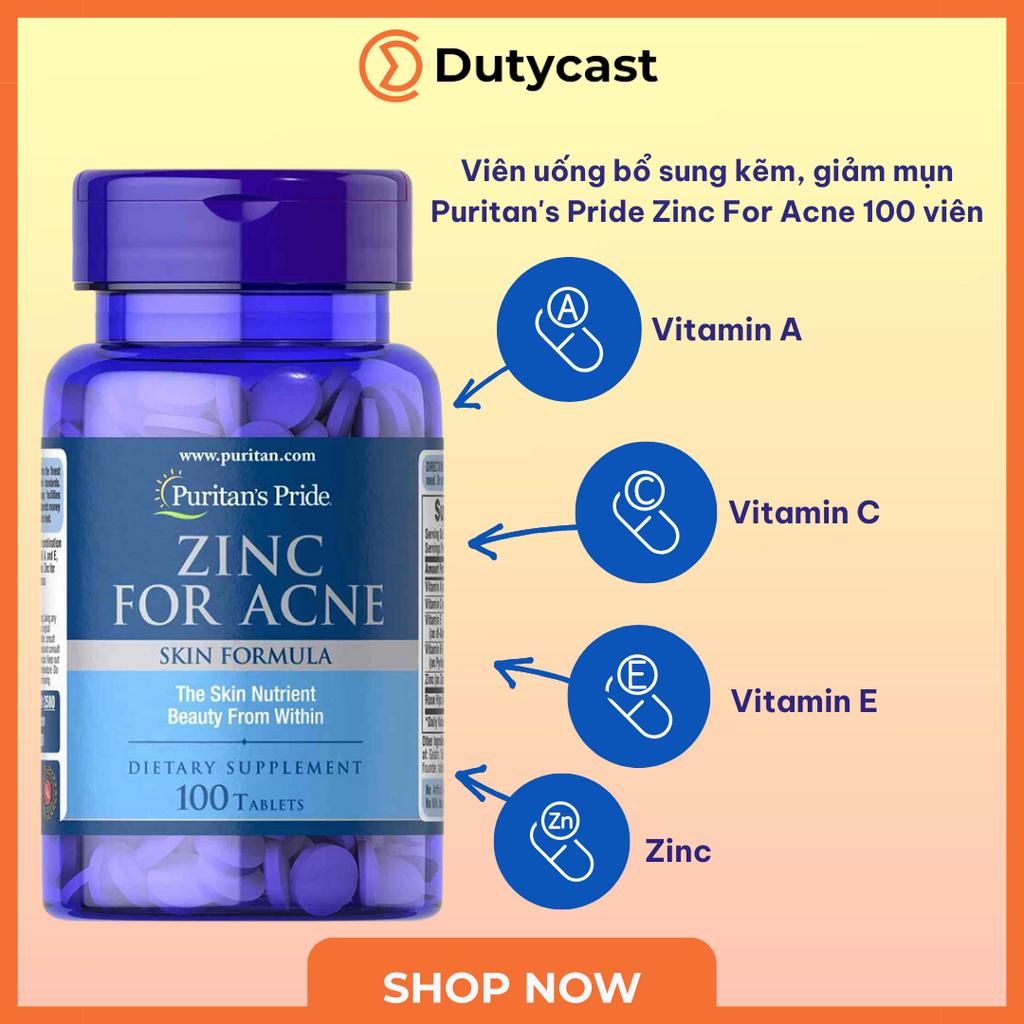 Viên uống bổ sung kẽm, giảm mụn Puritan's Pride Zinc For Acne - 100 viên