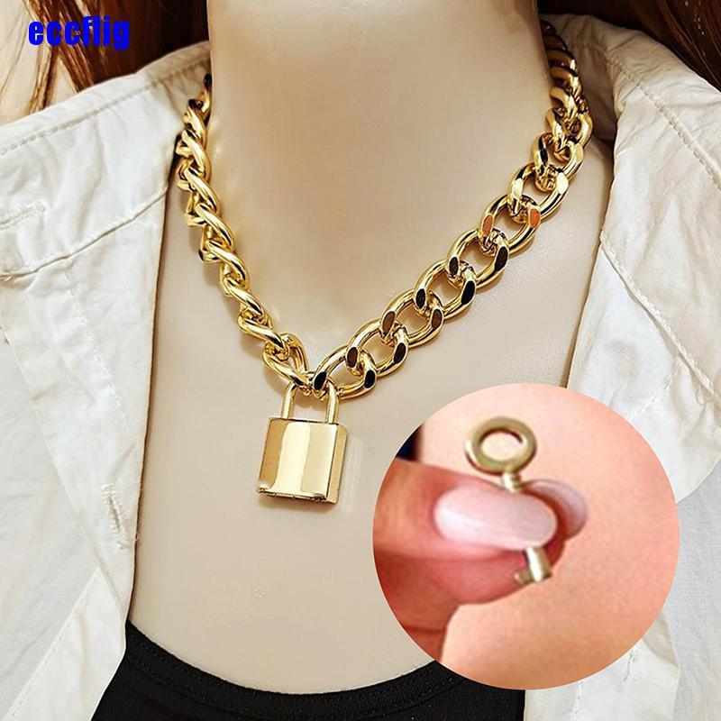 ECC Vintage Opening Lock Pendant Choker Fashion Thick Link Chain Necklace Jewelry