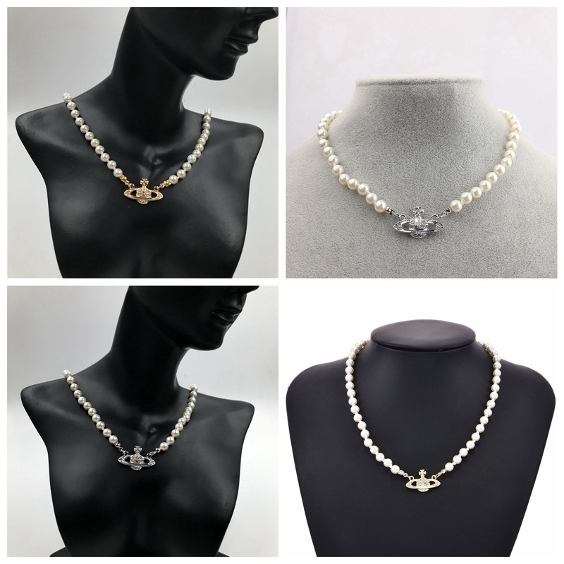 Westwood Vivienne Planet Retro Pearl Women's Short Wedding Jewelry Necklace Ins Choker Chain Luxury Birthday Gift