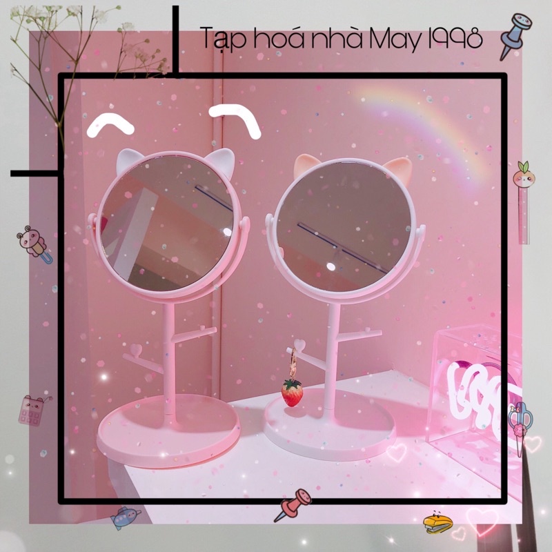 Gương tai mèo xoay chuyển, treo phụ kiện tiện lợi