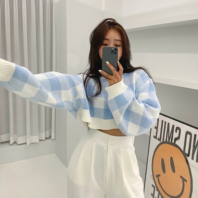 QADCOL Áo sweater croptop tay dài họa tiết caro xinh xắn thời trang cho nữ