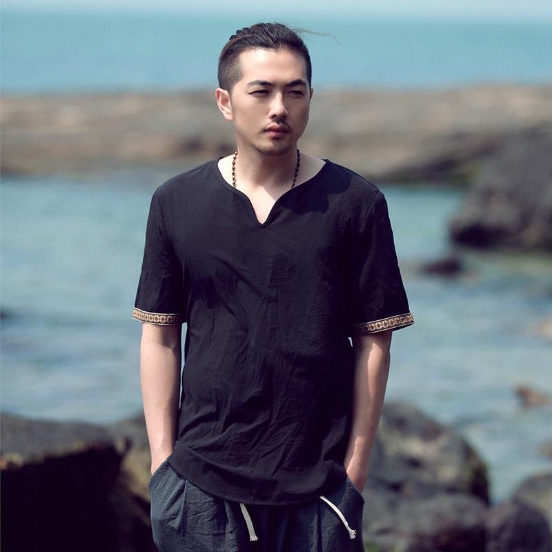 Áo Thun Tay Ngắn Vải Lanh Cotton Siêu Mỏng Dáng Rộng Cài Nút Kiểu Trung Hoa Retro