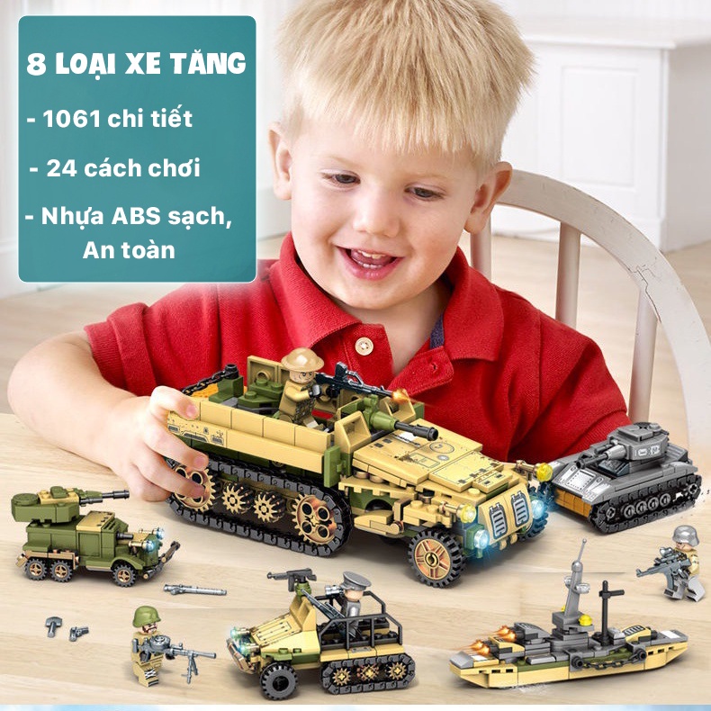 Đồ chơi lắp ráp Xe Tăng XT1061 chi tiết gồm 26 loại / Xe Bọc Thép / Máy bay chiến đấu / Xe Quân Sự