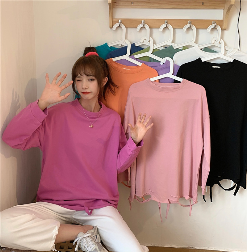 SUXI Áo Thun Tay Dài Màu Trơn Dáng Rộng Phong Cách Hàn Quốc