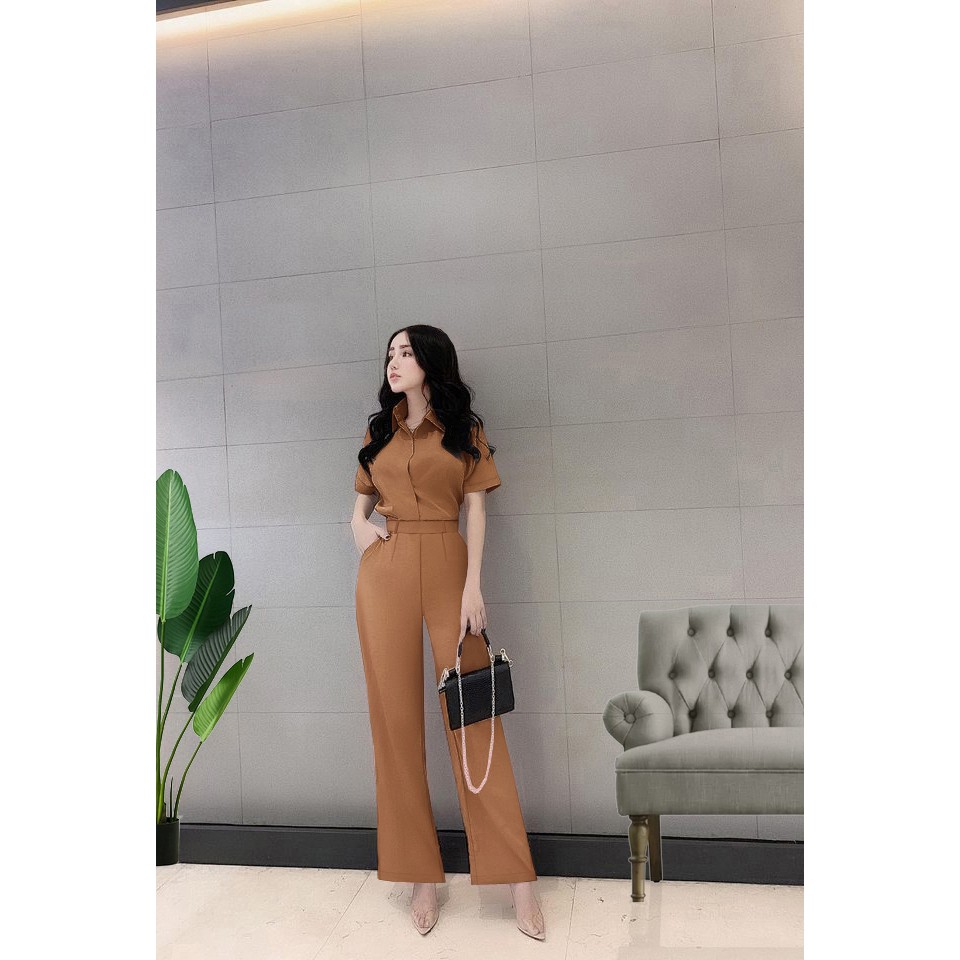 Set Đồ Bộ 🌸FREESHIP🌸 Set nguyên bộ áo sơ mi quần dài ống suông dây kéo lưng xinh xắn J1123