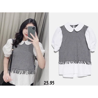 Áo sơ mi cộc phối kẻ caro tay bồng