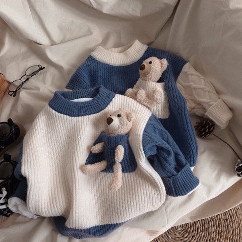 Áo Sweater Dày Dặn Cổ Tròn Màu Sắc Tương Phản Phong Cách Hàn Quốc Cho Bé