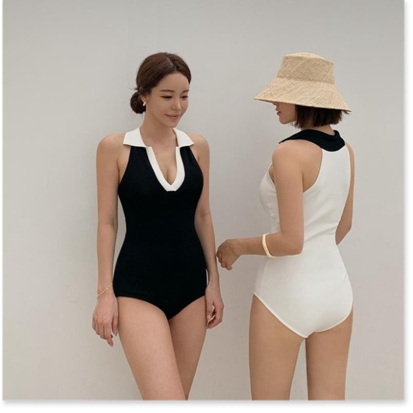Bikini đẹp, Áo tắm biển nữ sản xuất Áo tắm nữ một mảnh phong cách Hepburn của Pháp Đồ bơi nữ sexy đen trắng Hàn Quốc