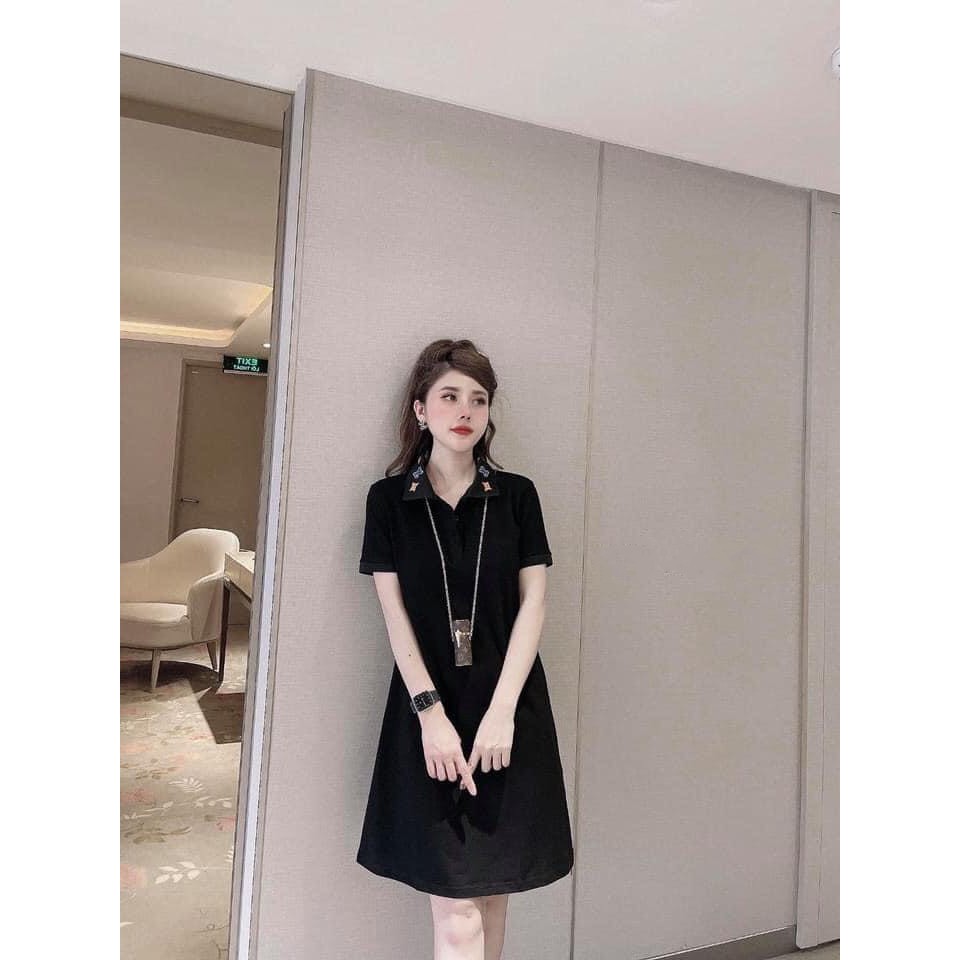 👗Váy PoLo bo cổ L.V_Đầm cổ sơ mi dáng ôm body, thun cộc tay màu ĐEN | HỒNG Ulzzang HOT👗