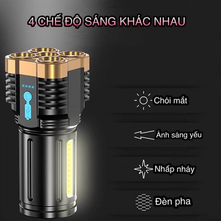 Đèn pin led sạc tích điện cầm tay chiếu xa 200m, đèn pin cầm tay siêu sáng 5 bóng 4 chế độ, chống thấm nước