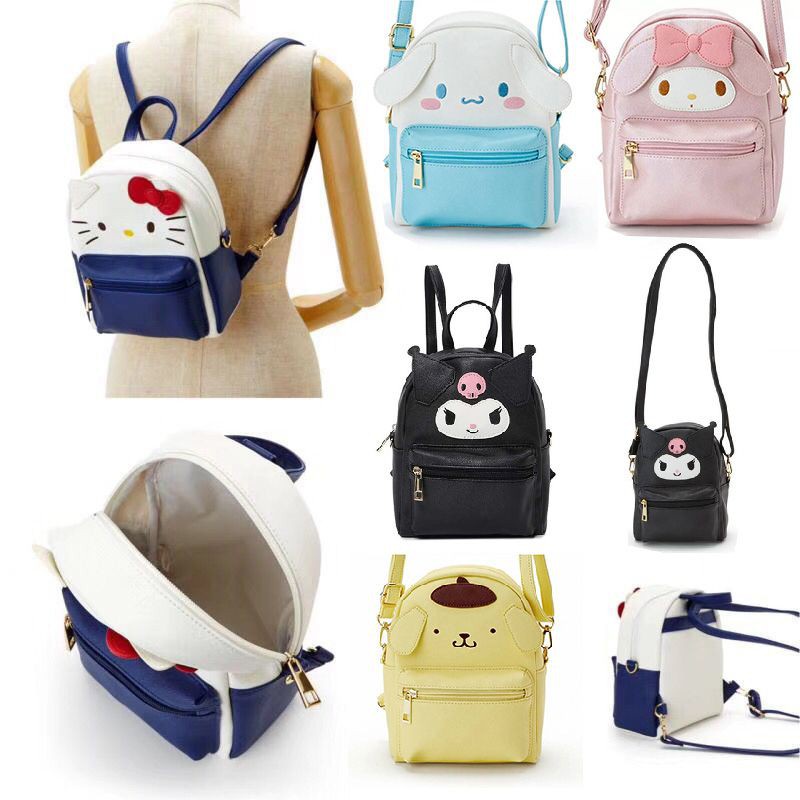 Set 2 Món Ba Lô Túi Đeo Chéo 2 Chiều Mini Bằng Da PU Hình Hello Kitty My Melody Kuromi Cinnamoroll Đa Năng