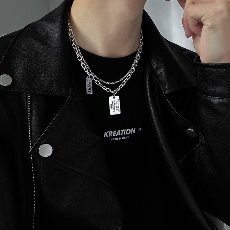 Dây chuyền hai lớp chồng lên nhau mặt tag họa tiết chữ cái dễ phối đồ phong cách retro hip hop đường phố 19501