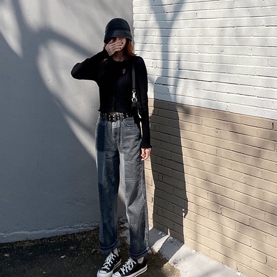 Quần Jean Dài Lưng Cao Dáng Suông Rộng Màu Đen Có Size Lớn