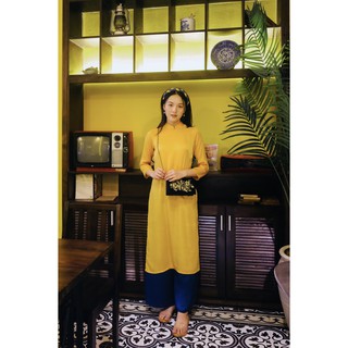 Set Áo Dài Rosemary Lụa Tây Thi Vàng Đậm