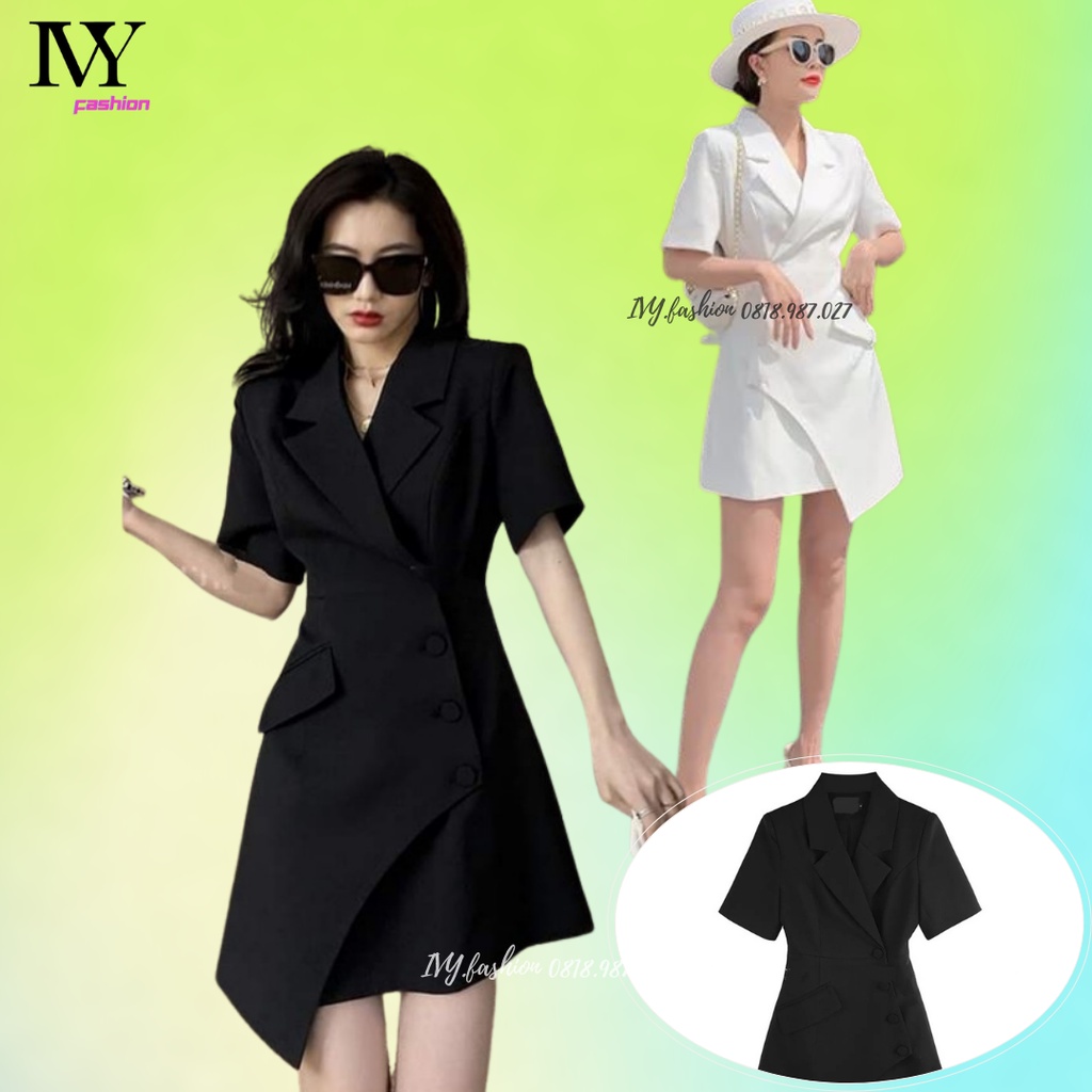 🔥40-65KG🔥 Đầm vest công sở 🔥cotton ép🔥 trắng đen cổ chéo tay ngắn chéo tà đi biển dự tiệc dạo phố bigsize gợi cảm sexy