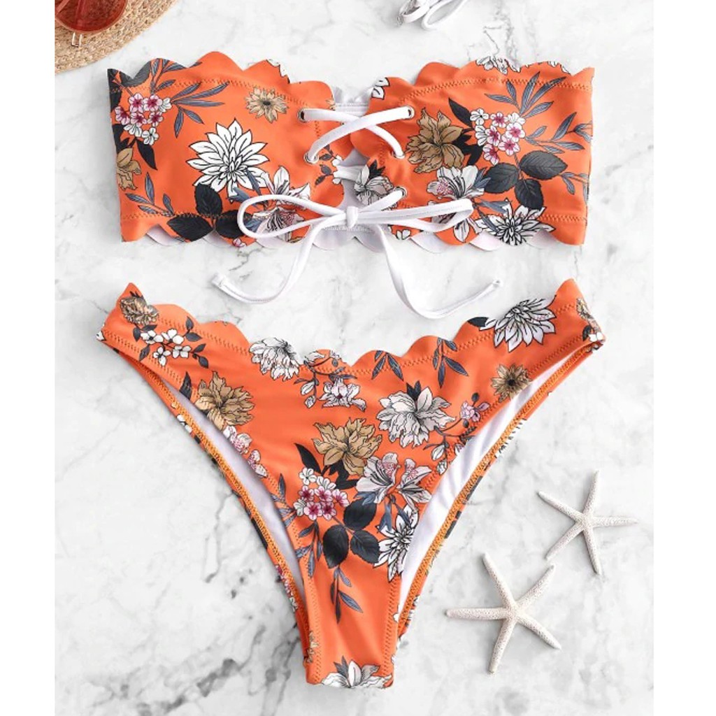 Bộ đồ bơi bikini nâng ngực in hoa phối dây buộc cho nữ | BigBuy360 - bigbuy360.vn