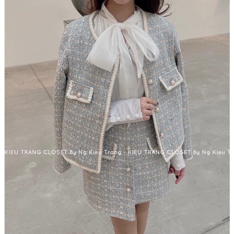 Set Dạ Xanh Tweed Thiết Kế Sang Chảnh Hàng Quảng Châu Cao Cấp | BigBuy360 - bigbuy360.vn