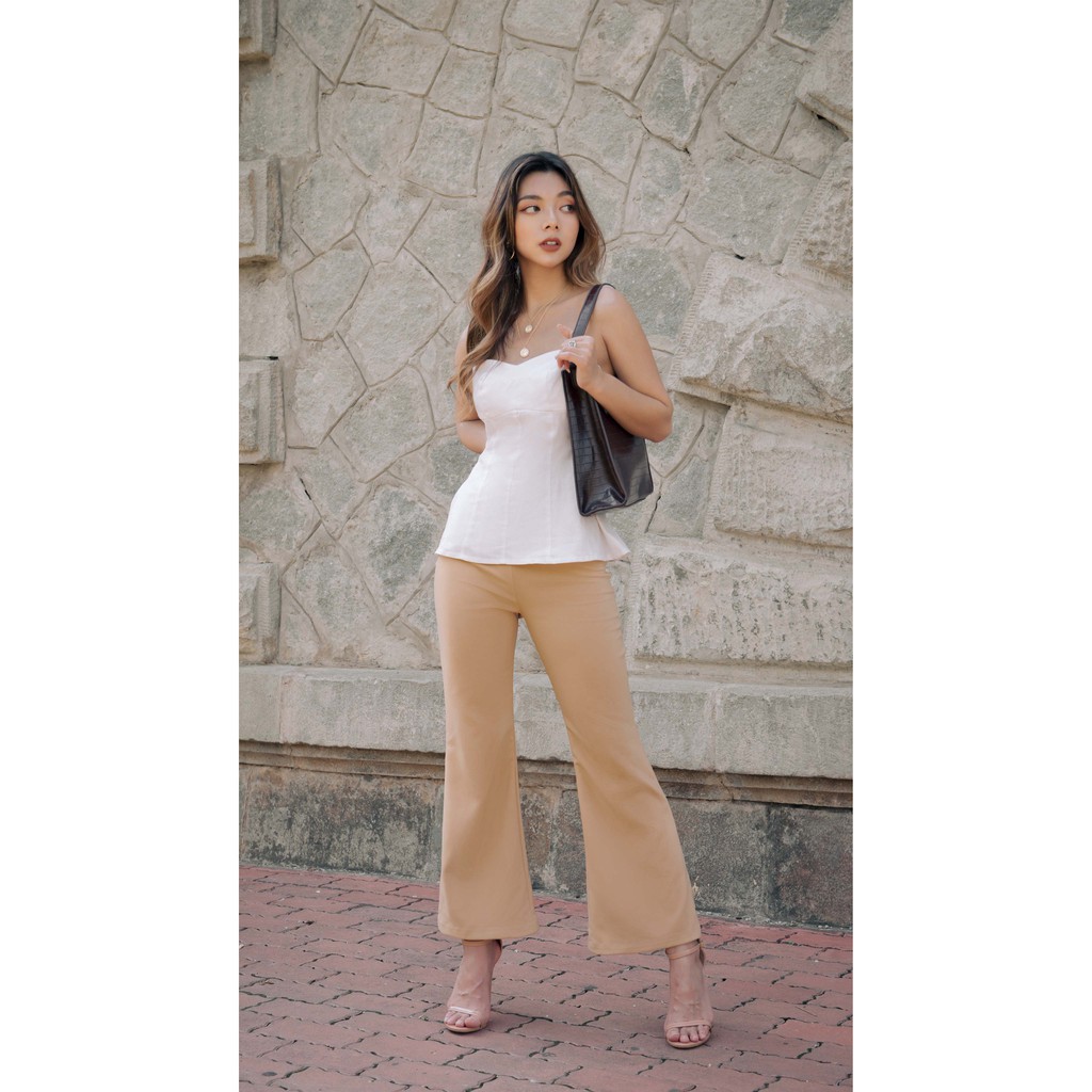 RECHIC Quần Chemise Màu Be Ống Loe Basic Thoải Mái Thời Thượng