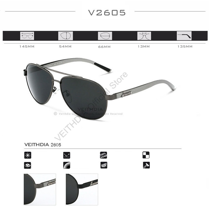 Phụ kiện thời trang VEITHDIA 2605 Nam Nhôm Magie bên trong Tráng Kính râm phân cực Phong cách Aviator