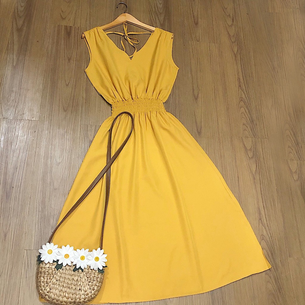 [ẢNH THẬT CUỐI] DM788 - Đầm Maxi Vàng Sát Nách Cổ V Nhún Eo | BigBuy360 - bigbuy360.vn