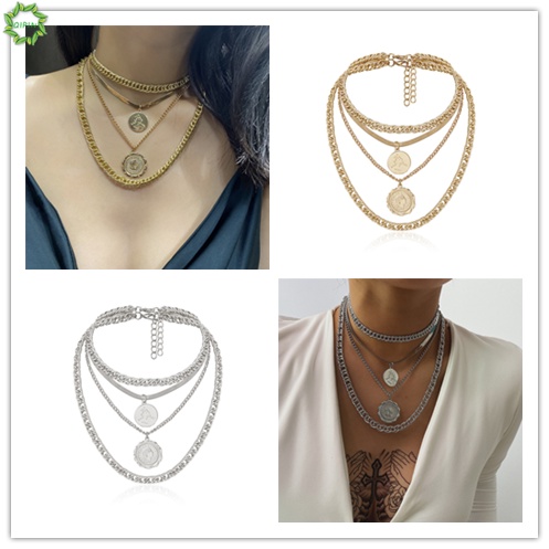 Vòng cổ bốn lớp mặt hình tròn phong cách hip hop cổ điển cho nữ