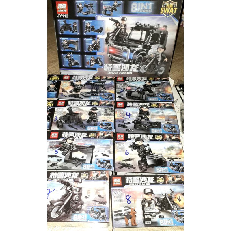 Sét 8 hộp LegoSWat Salon JY112 có nhiều chi tiết bằng nhựa