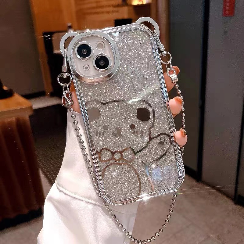 Ốp Điện Thoại Mềm Hình Gấu Kim Tuyến Có Dây Đeo Cho iphone 15 14 13 12 pro max xr xs max x 7 8 14 plus