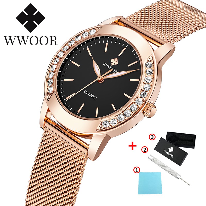 Đồng hồ WWOOR 8877 máy quartz thép không gỉ mạ vàng hồng chống thấm nước thời trang