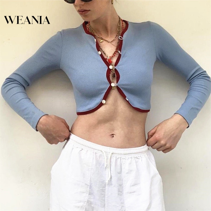 Áo Thun Tay Dài Dáng Ôm Cổ Chữ V Cài Khuy Kiểu Đường Phố