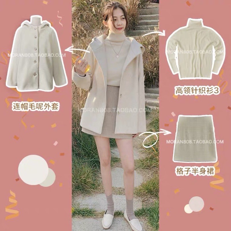 [Order taobao] Set áo len cổ lọ chân váy kẻ chữ A và áo khoác dạ có mũ ullzang( có tách set) - HÀNG MỚI VỀ