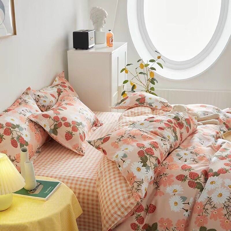 Bộ chăn ga gối phong cách Hàn quốc cotton poly Vườn Dâu