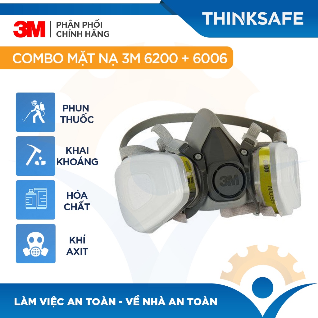 Mặt nạ phòng độc 3M 6200 / 6006 lọc hơi độc, hơi hữu cơ vô cơ, phun sơn, phun xịt thuốc sâu, axit - THINKSAFE