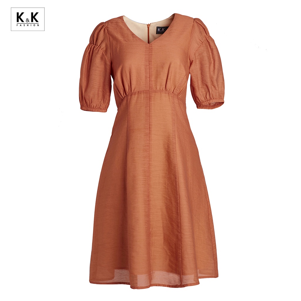 Đầm Chữ A Nhấn Eo Cao Cổ V K&K Fashion KK106-21 Màu Cam Vải Voan Mềm Mại | BigBuy360 - bigbuy360.vn