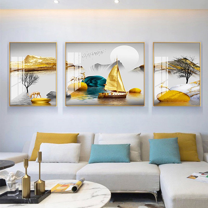 trang trí tường phòng khách bức tranh sơn nền sofa mới phong cách Trung Quốc hiện đại tối giản bộ ba chân và đồ sứ