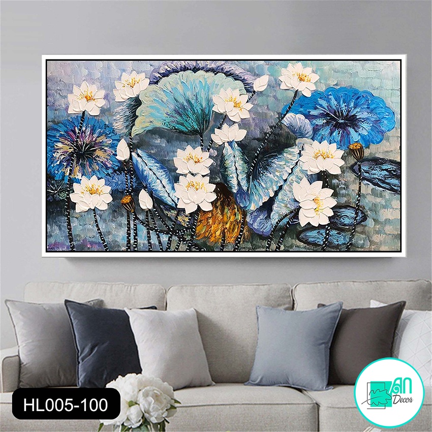 Tranh canvas treo tường hoa sen trắng xanh in giả sơn dầu - 100 x 50 cm