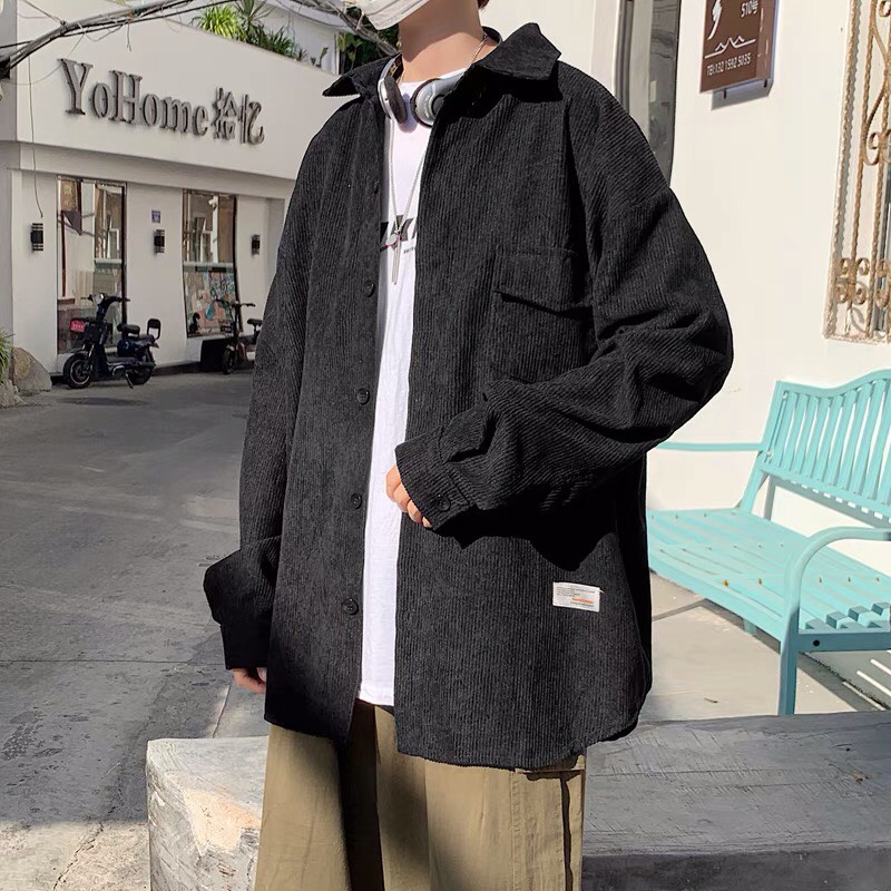 Áo Sơ Mi Nhung Tăm  Phối 1 Túi Nắp Logo Vintage Form Rộng Unisex Nam Nữ Phong Cách Hàn Trẻ Trung Ulzzang NUPAKACHI