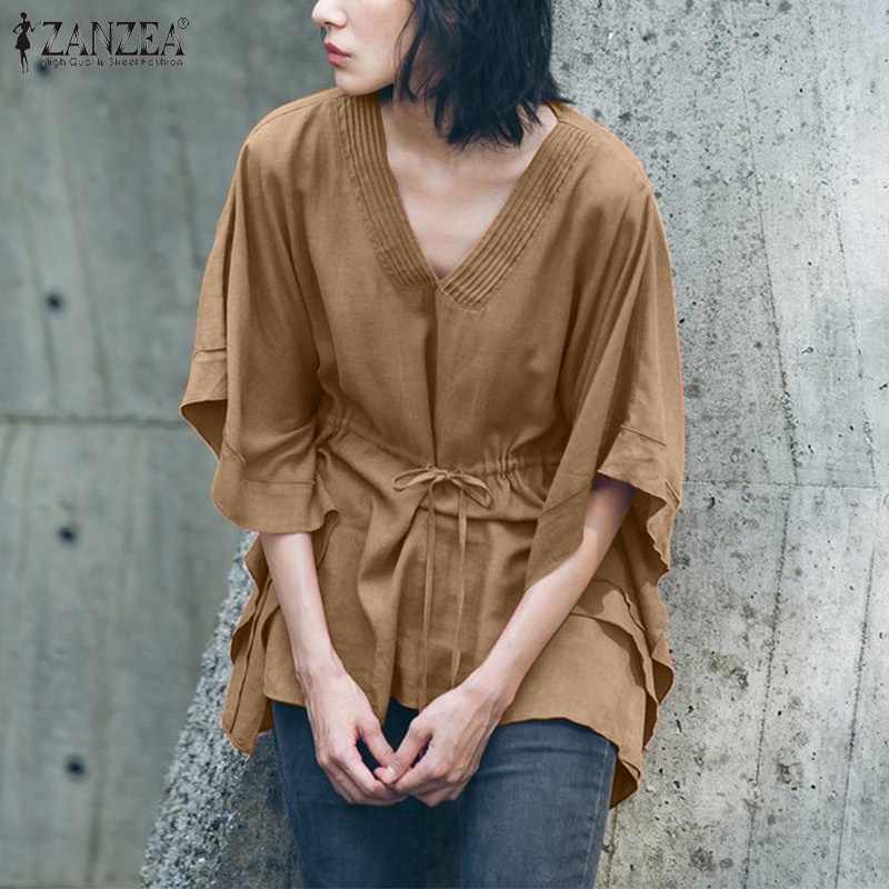Áo kiểu ZANZEA tay ngắn cổ V màu trơn phối dây rút thời trang cho nữ