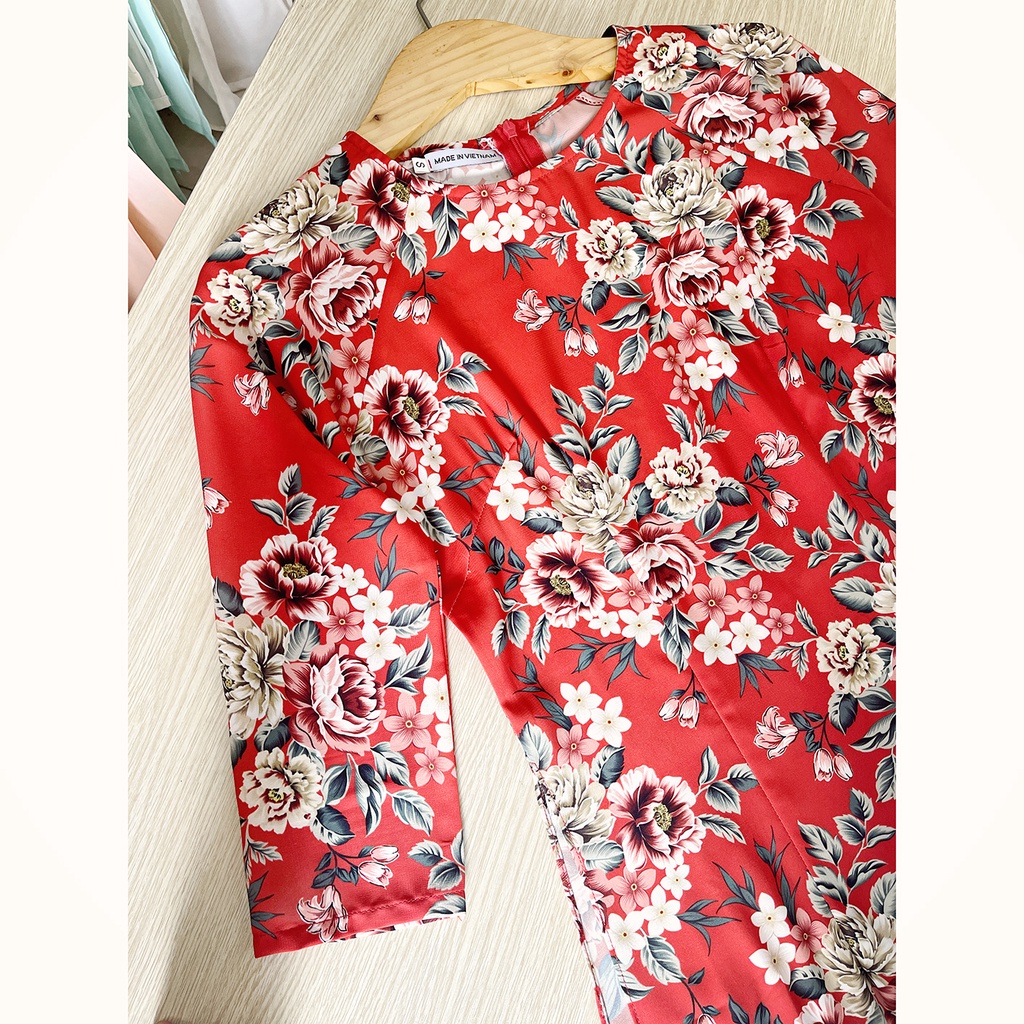 Áo dài đỏ hoa nhí - Áo dài đỏ đô in hoa đào