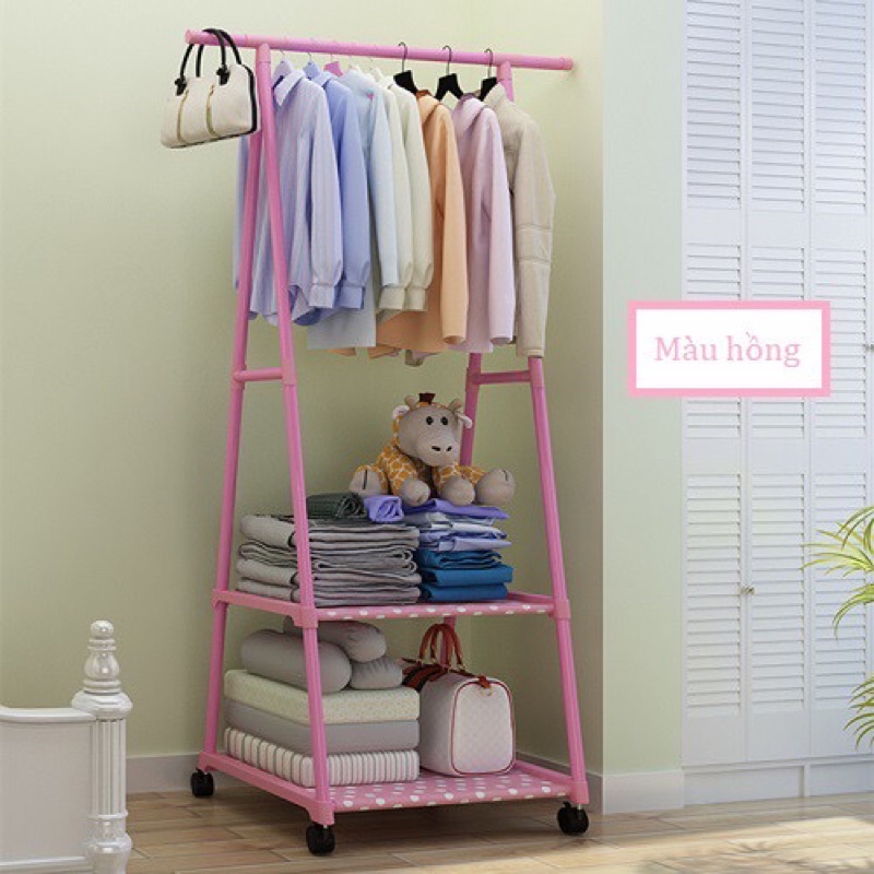 Kệ treo quần áo chữ A 3 tầng 2 ngăn khung kim loại có bánh xe tiết kiệm diện tích phù hợp mọi không gian