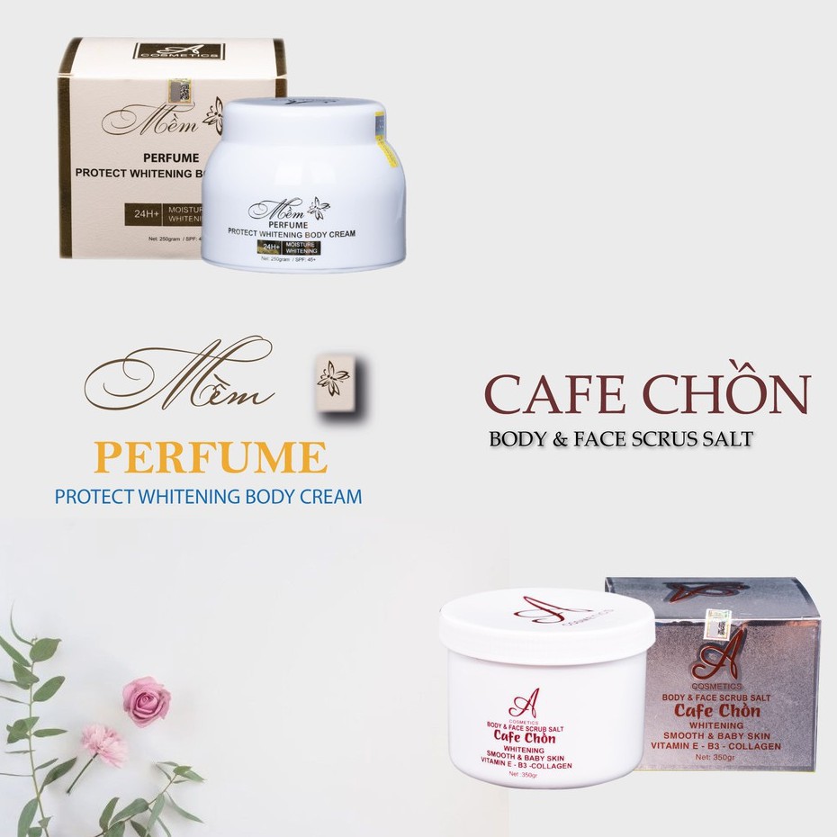 Bộ sản phẩm tẩy da chết, dưỡng trắng da Acosmetics (Kem body mềm và Muối tẩy tế bào chết cafe chồn)