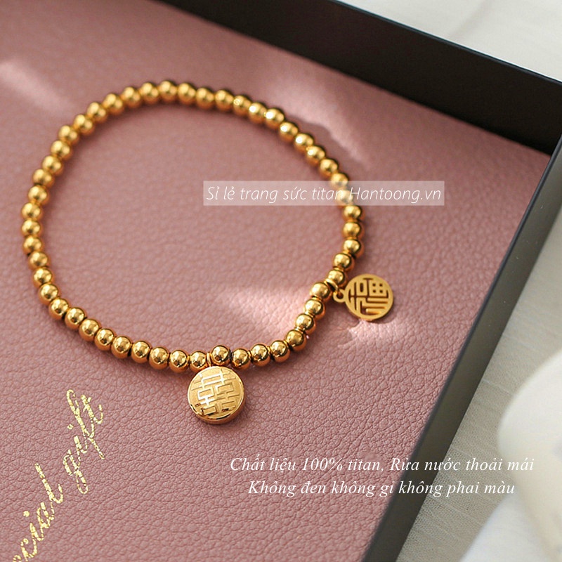 Vòng tay titan nữ không gỉ mạ vàng 18k mặt chữ phúc hỉ may mắn phong cách thời trang cổ điển